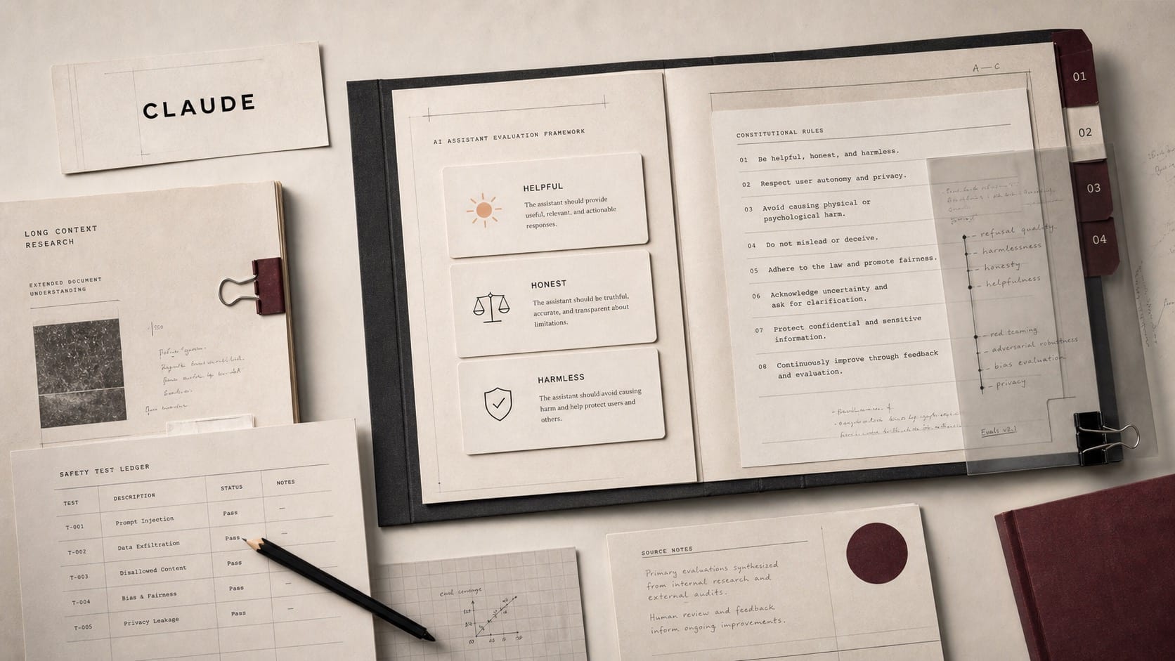 Premium editorial still-life of a Claude AI assistant case with a Claude source-mark card, helpful honest harmless evaluation cards, long-context document stack, safety ledger, and constitutional rules sheet