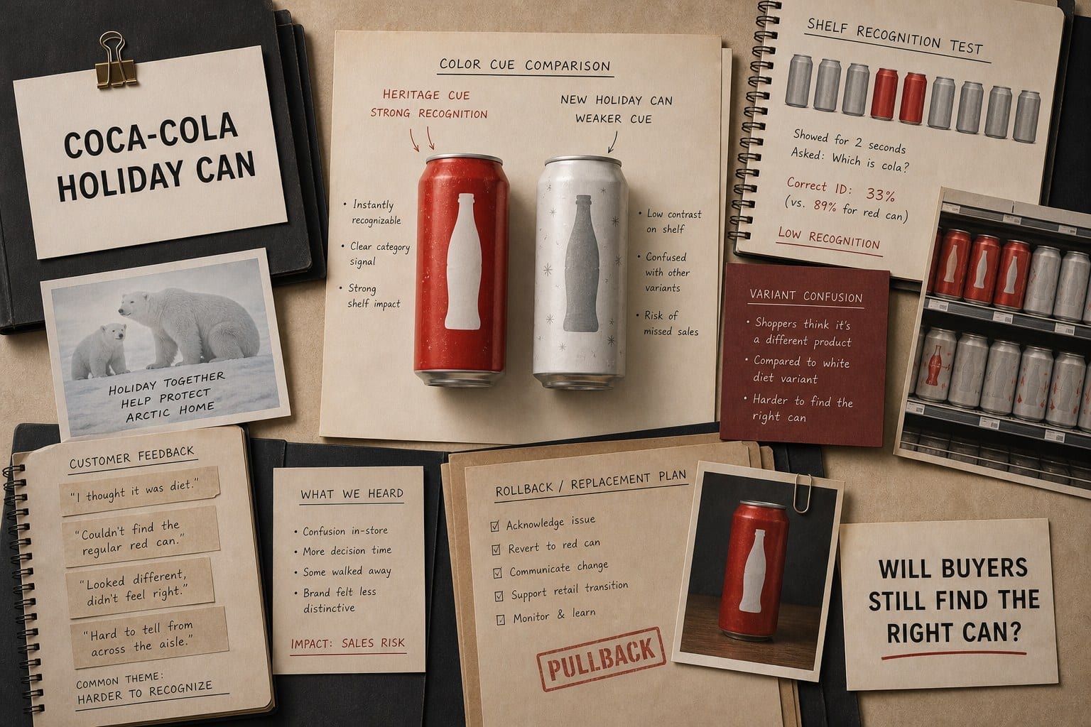 Coca-Cola white holiday can editorial visual with package confusion, red-can recognition, and variant-risk cards.