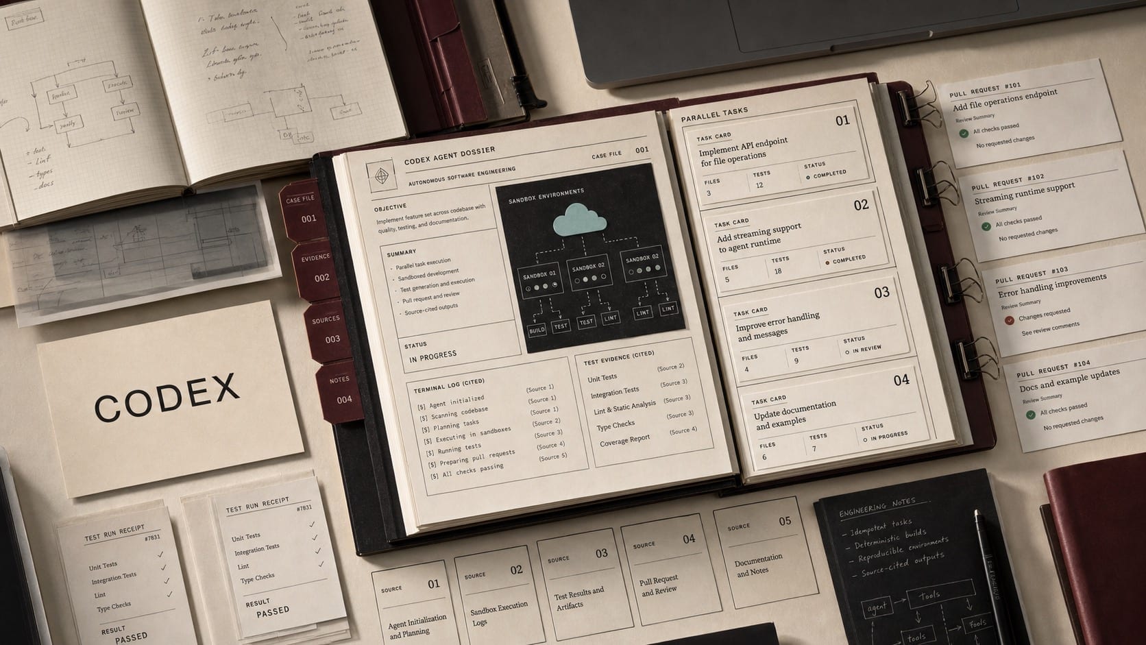 Premium editorial still-life of a Codex software engineering agent case with a Codex source-mark card, parallel task cards, GitHub pull request strips, sandbox environment map, and test evidence sheets