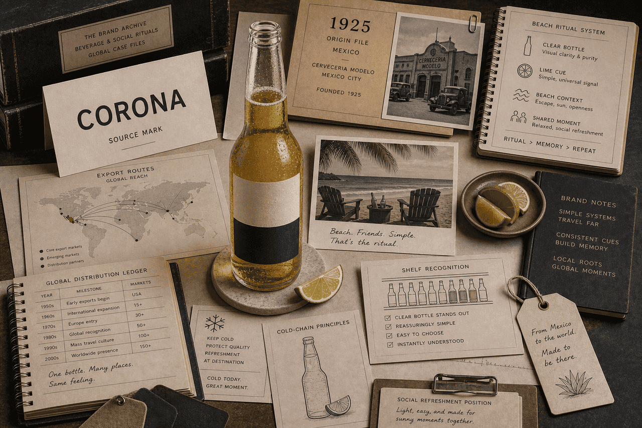 Premium editorial still-life of a Corona clear bottle beach ritual case with source-mark card, blank clear beer bottle, lime wedge, beach towel, export route cards, sunlit glass shadow, and retail cooler note
