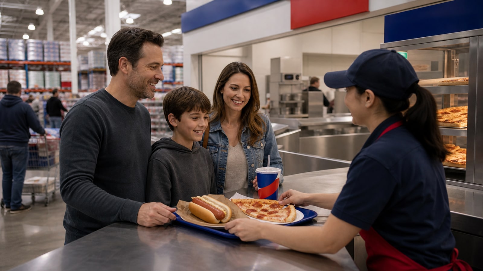 Warehouse food court counter with hot dog, pizza, drink, and member handoff.