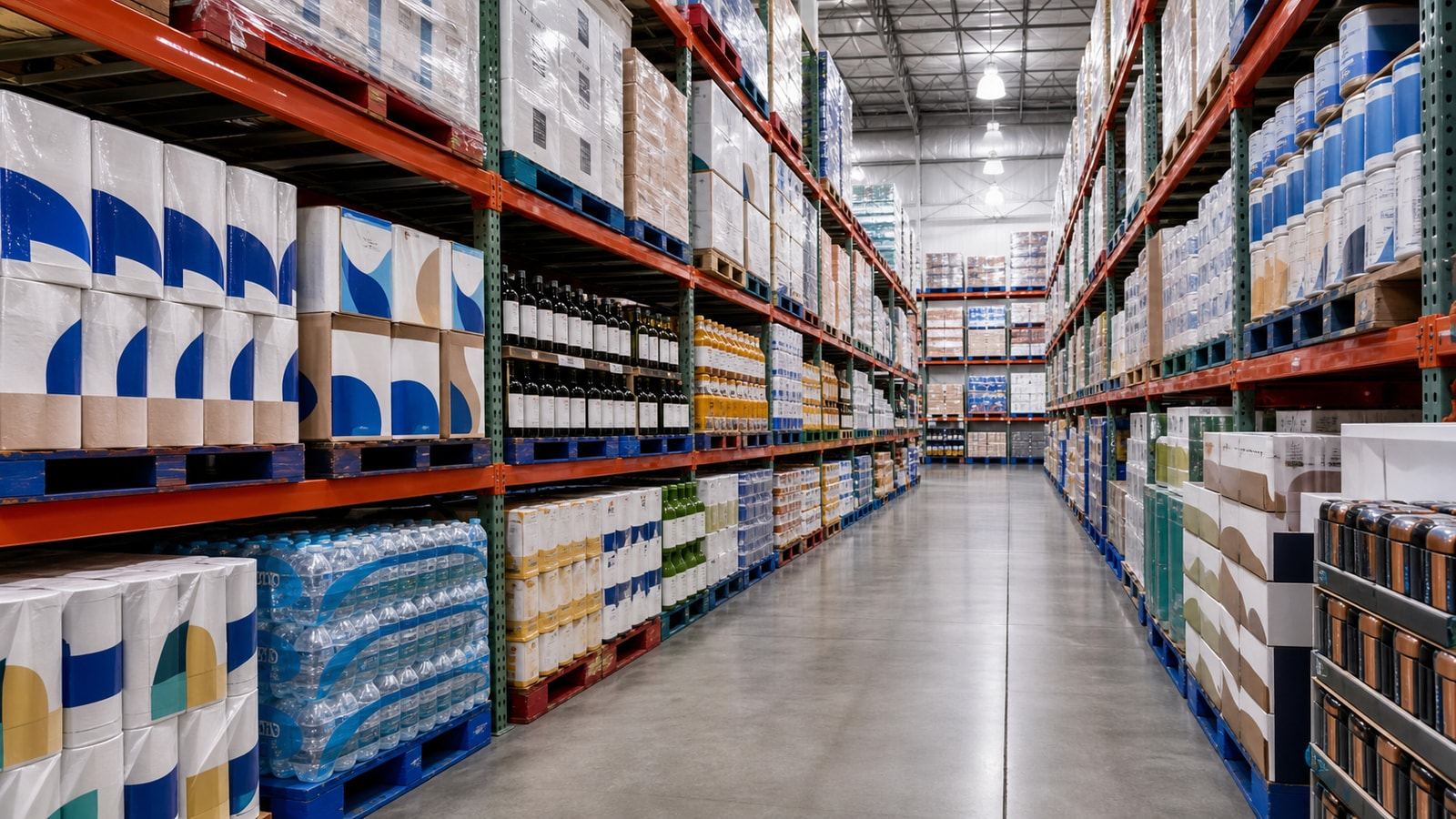 Warehouse shelf with a varied private-label assortment and no repeated hero scene.