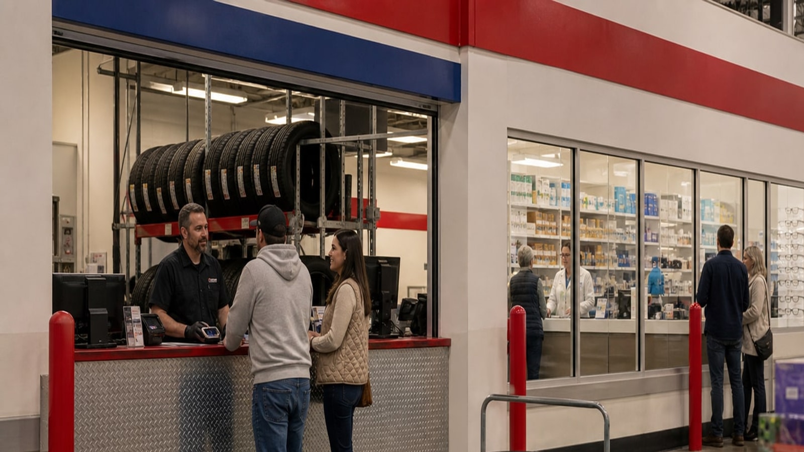 Membership warehouse services area with tire counter, pharmacy and optical windows, and flatbed cart.