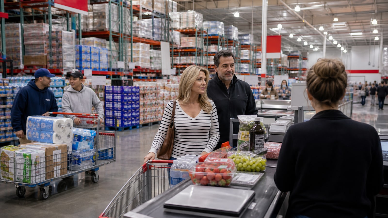 Costco warehouse checkout with bulk products, member cart, and warehouse scale.