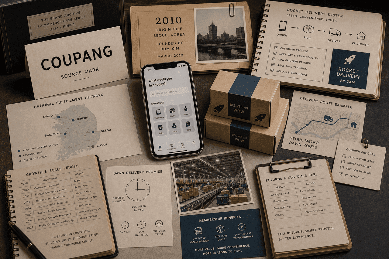 Premium editorial still-life of a Coupang Rocket Delivery case with source-mark card, parcel stack, route map, doorstep scan card, return label, membership token, grocery tote, and delivery clock