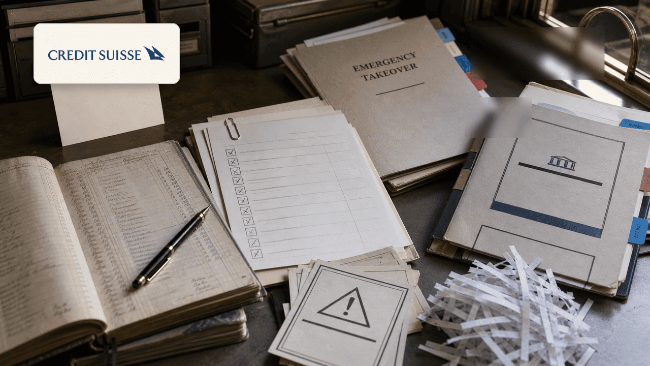 Premium editorial still-life of a Credit Suisse trust-collapse case with Credit Suisse source-mark card, old bank ledger, client trust checklist, risk warning cards, emergency takeover folder, UBS integration dossier, empty teller-window card, shredded paper strips, and fountain pen