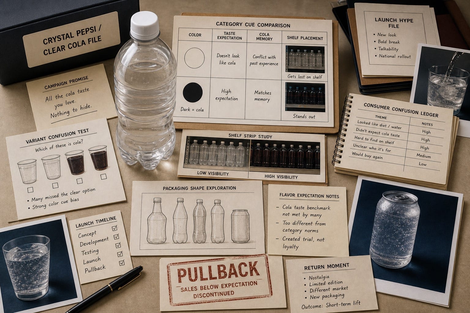 Premium editorial still-life of a Crystal Pepsi clear cola category cue case with source-mark card, clear cola bottle silhouette, dark cola comparison card, shelf strip, bottle shape studies, flavor expectation notes, launch hype folder, consumer confusion ledger, pullback stamp, and nostalgia return note