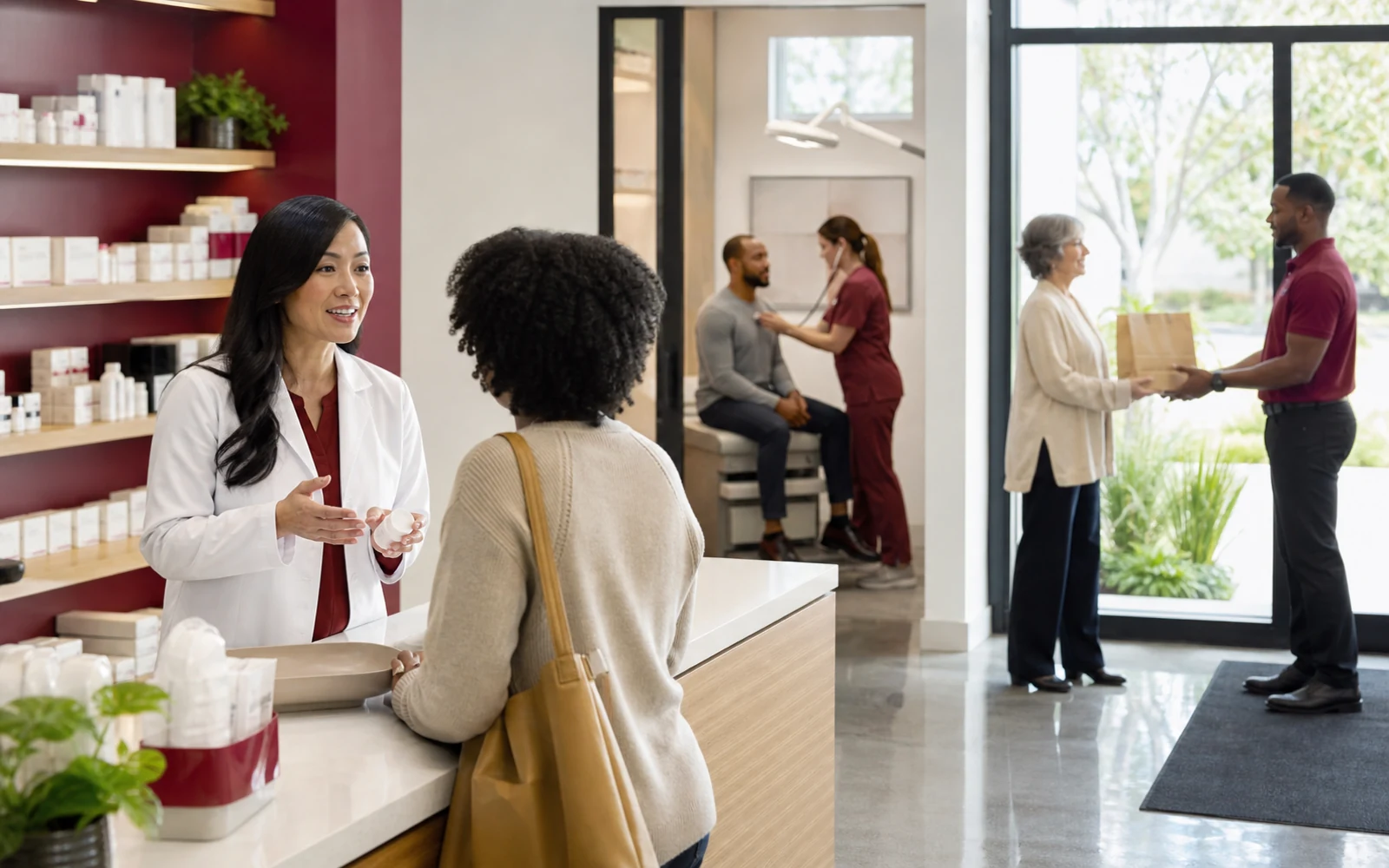 A neighborhood pharmacy consultation connected to clinic and home-care access in one coherent health environment.