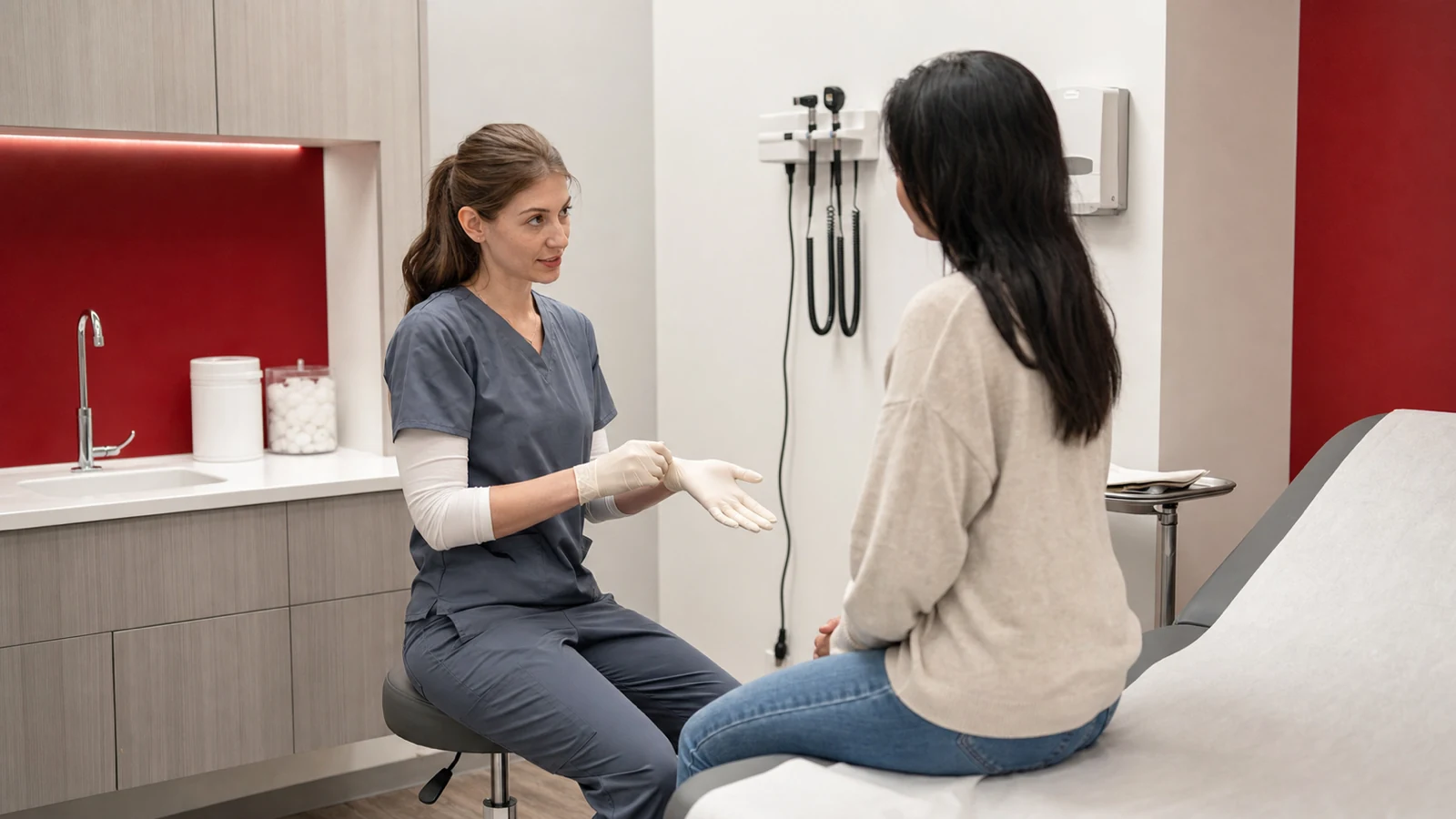 A nurse practitioner meeting a patient in a compact walk-in clinic.