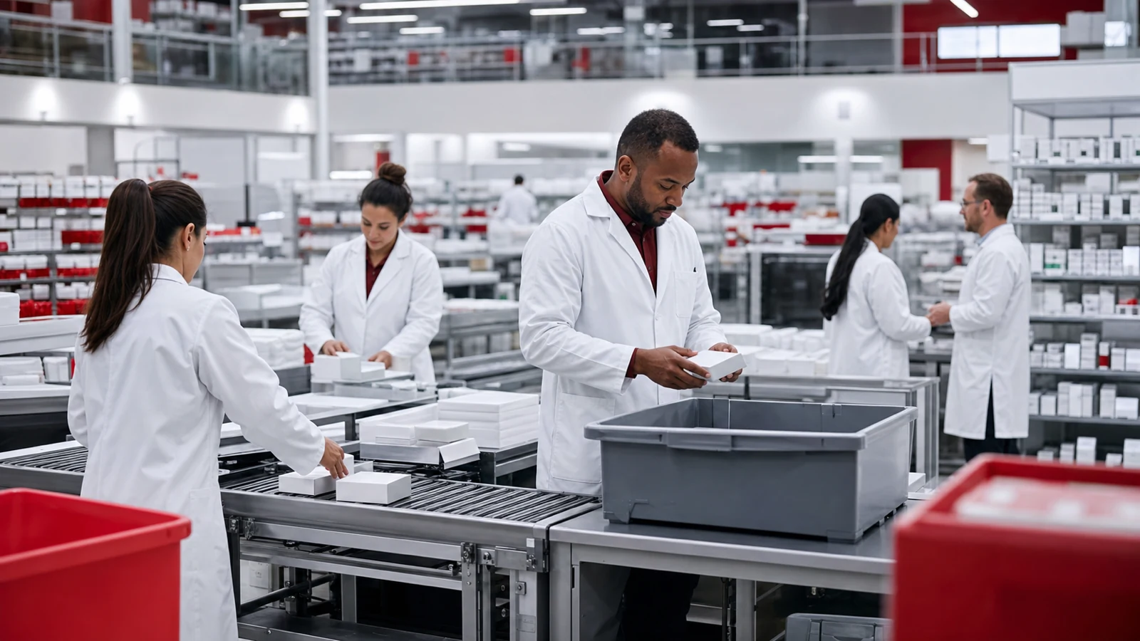 Pharmacists and technicians working in a modern prescription fulfillment operation.