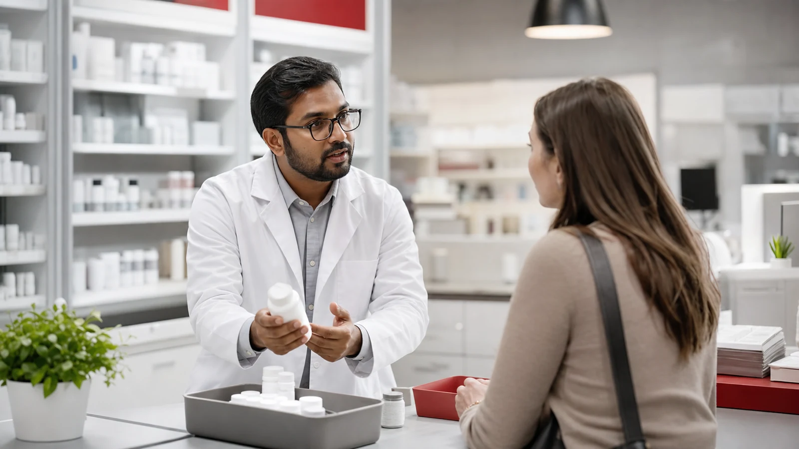 A pharmacist consulting with a customer in a modern community pharmacy.