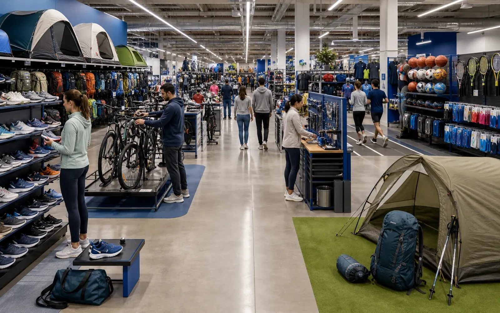 Photorealistic large multi-sport retail scene with bikes, tents, footwear, balls, rackets, and service areas.