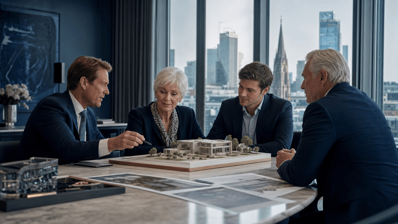 Private wealth consultation in a restrained contemporary advisory room.