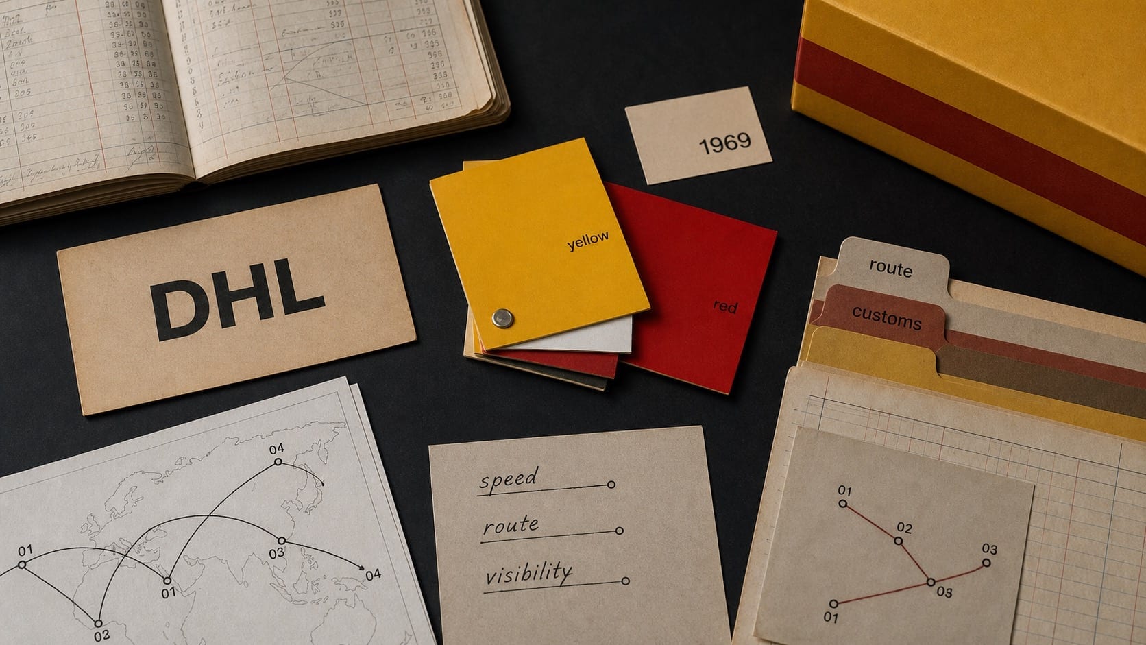 Premium editorial still-life of a DHL yellow-red logistics visibility system case with a source-mark card, route maps, customs tabs, parcel field, yellow and red swatches, and speed notes