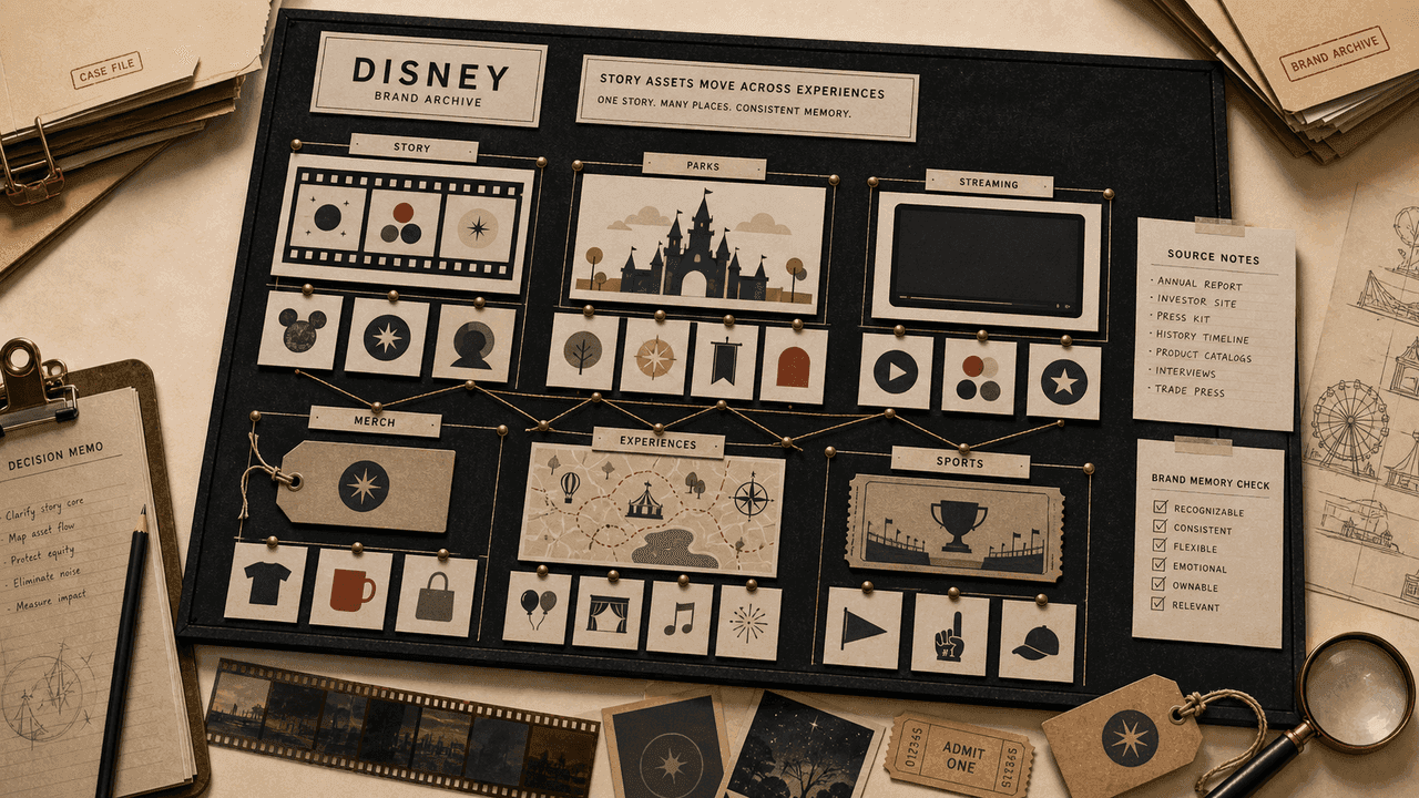 Premium editorial still-life of a Disney brand system case with Disney source-mark card, film strip, story asset cards, park experience card, streaming card, merchandise tags, map fragments, sports card, and brand memory checklist