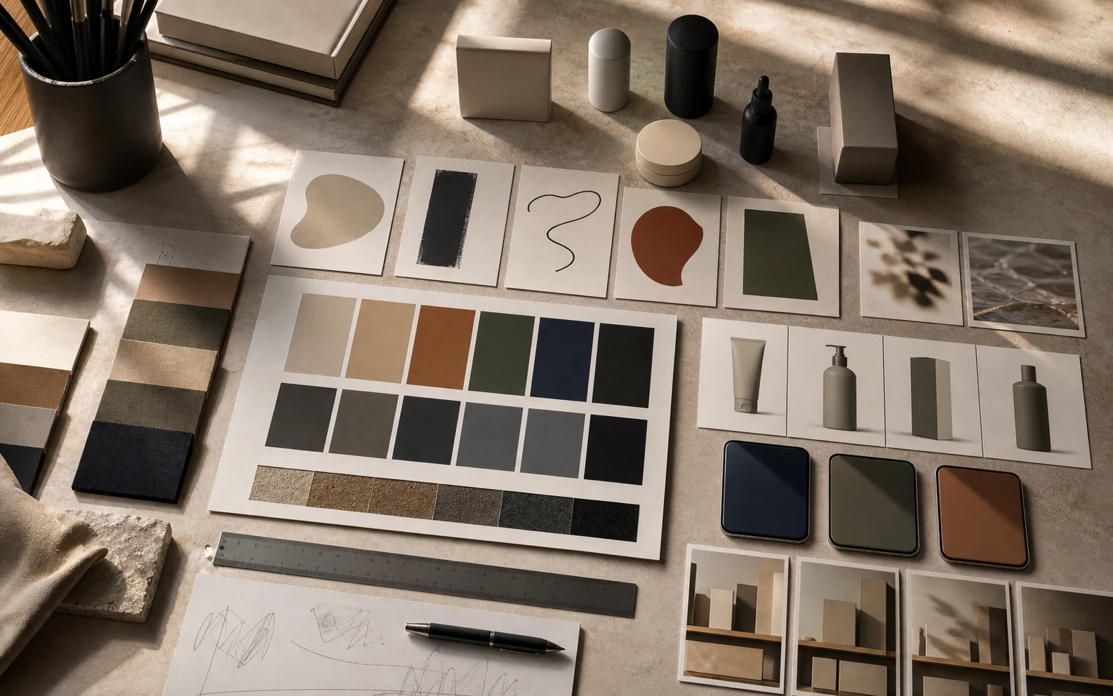 Distinctive brand asset testing board with unbranded color swatches, shape cards, package silhouettes, and app tile mockups.