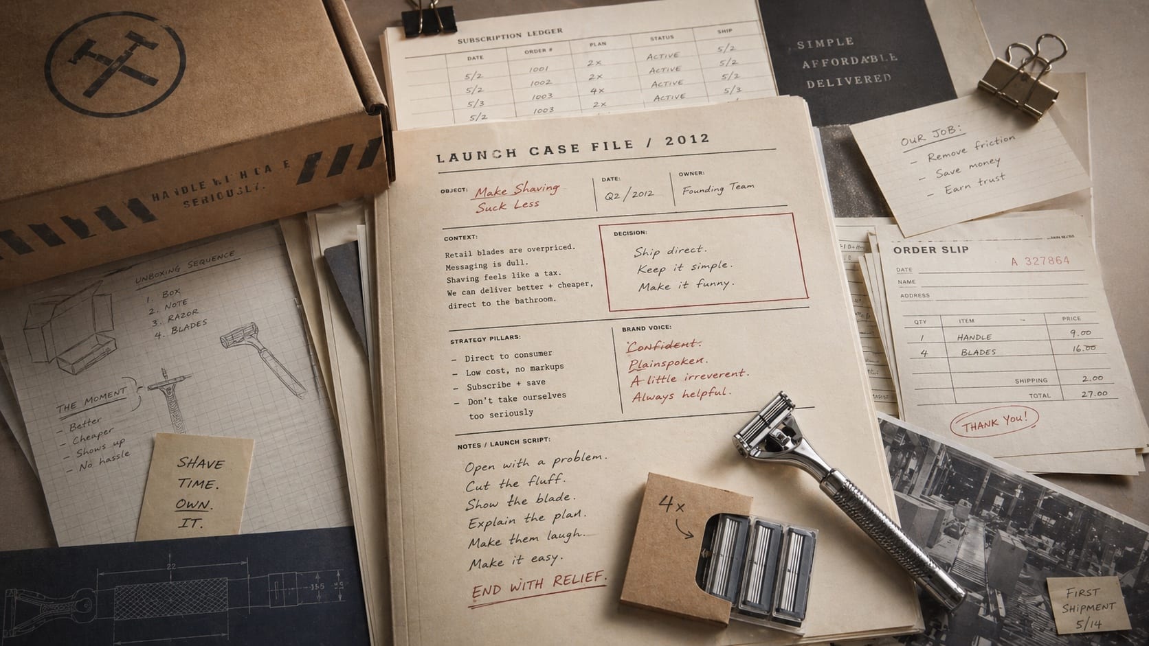 Premium editorial still-life of a razor mailer, subscription ledger, safety razor, and direct-to-consumer launch notes