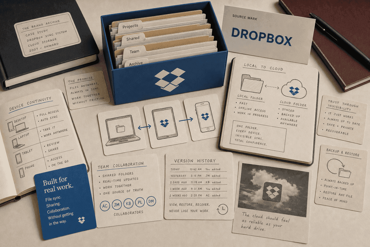 Premium editorial still-life of a Dropbox sync folder cloud storage case with Dropbox source-mark card, blue file box, shared folders, device continuity cards, version history, local-to-cloud diagram, and backup restore notes