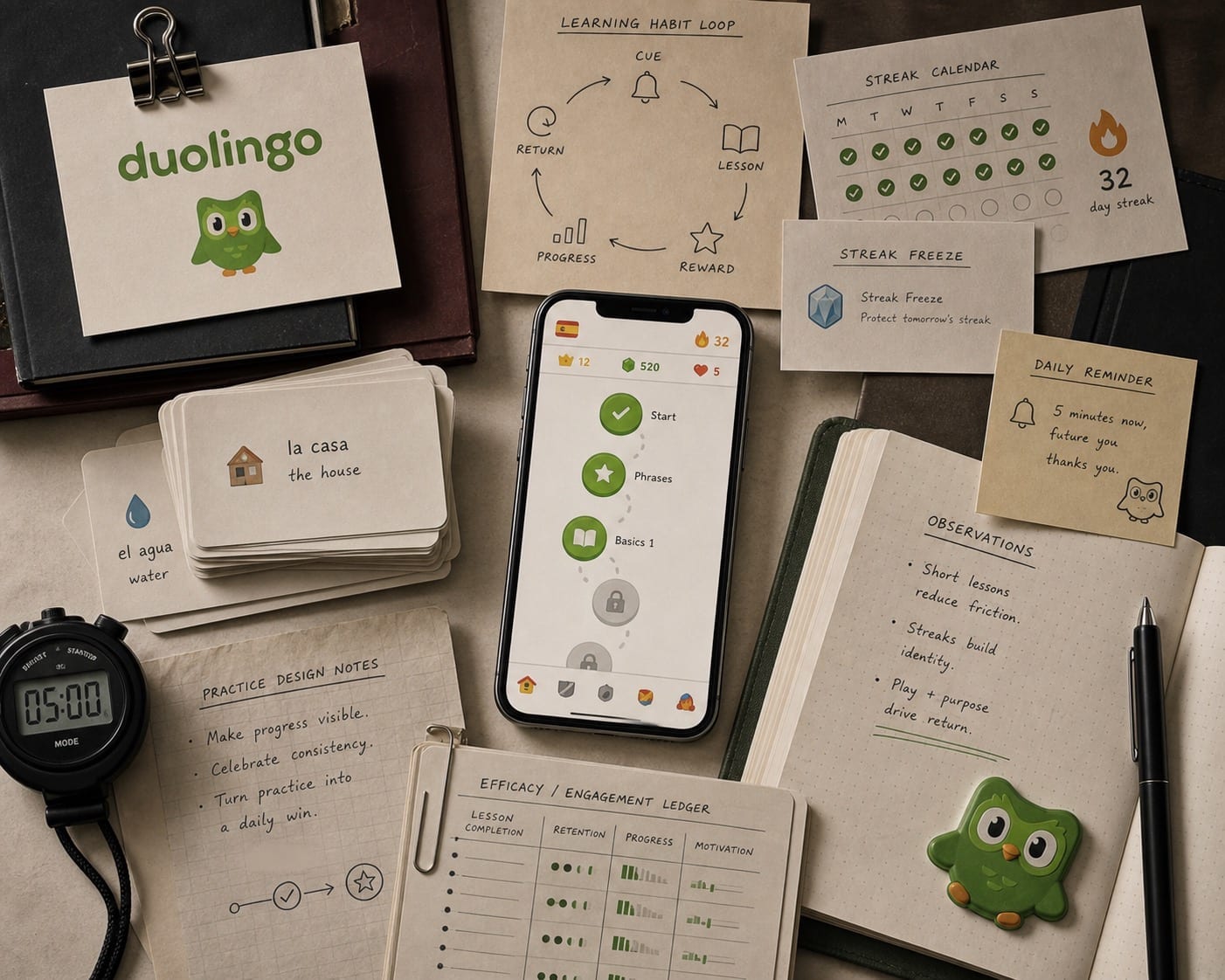 Premium editorial still-life of a Duolingo language habit case with a Duolingo source-mark card, central smartphone lesson path, streak calendar, flame counter, streak freeze card, language flashcards, practice timer, habit loop diagram, notebook, and engagement ledger
