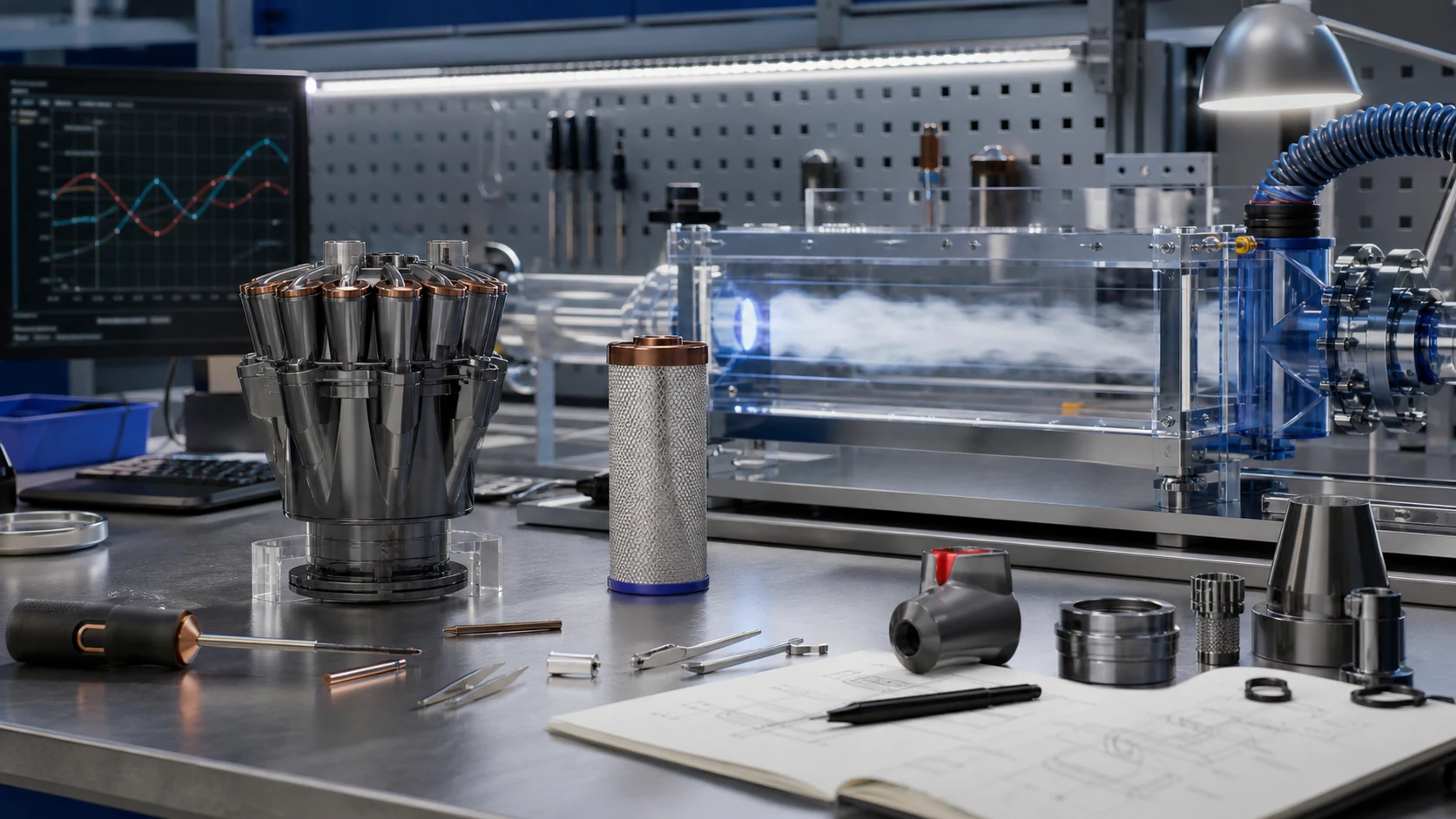Dyson engineering bench scene with airflow testing, product parts, and controlled technology cues.