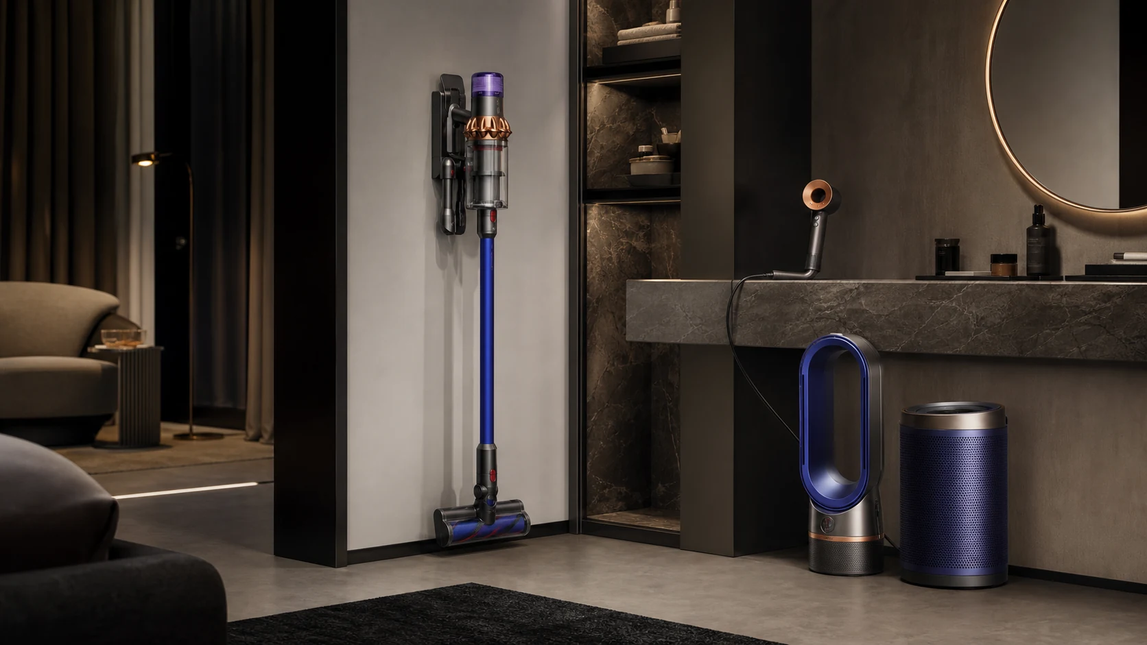 Premium home scene with air, vacuum, and hair-care technology forms, no logos