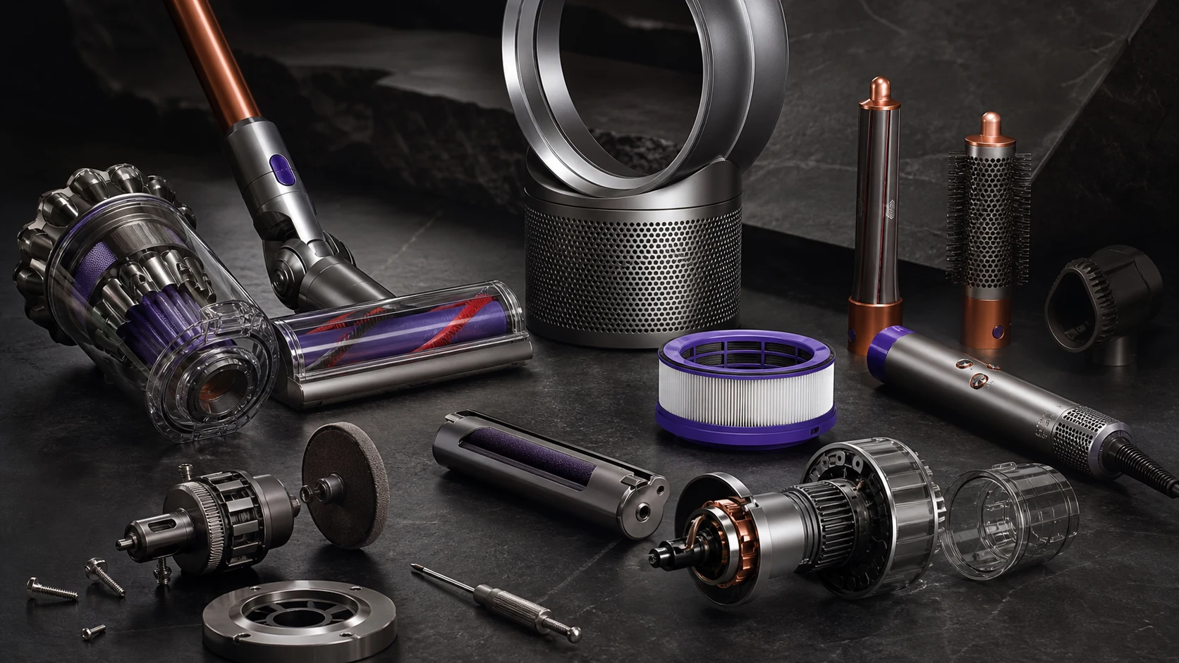 Dyson-style engineering bench with vacuum head, air ring, hair tool barrels, filter parts, and no logos or lettering.