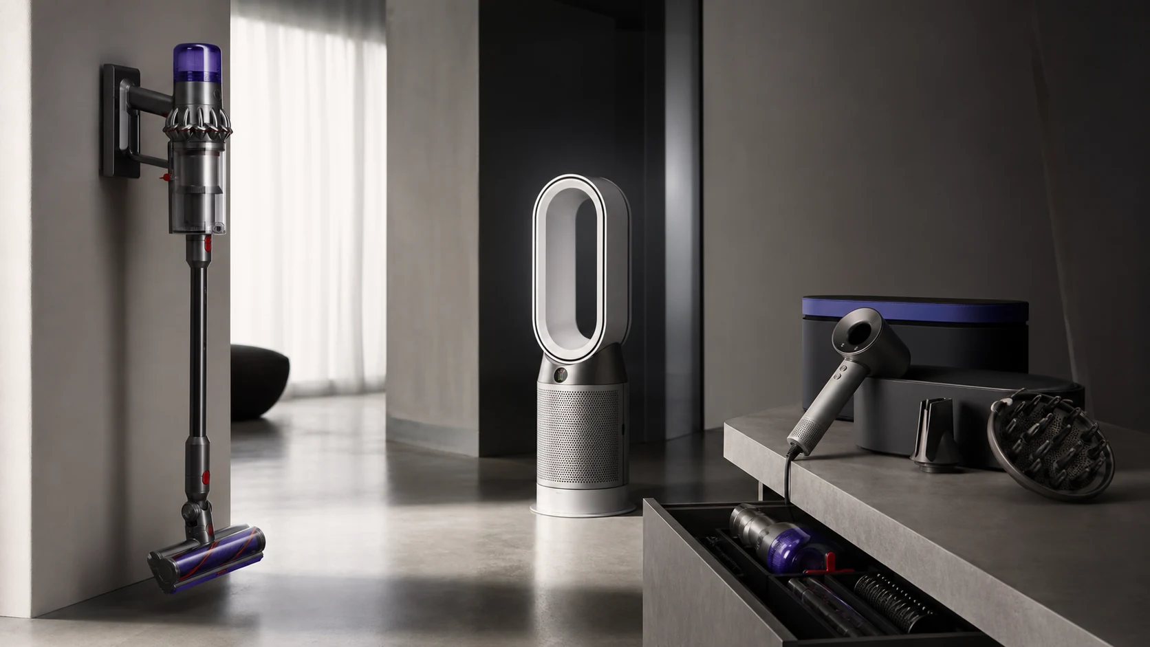 Dyson-style home technology system with cordless vacuum, air purifier, hair tool, and charging/storage details, no logo text.