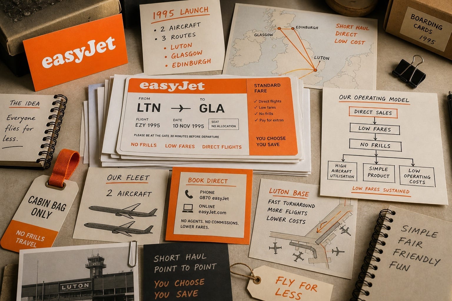 Premium editorial still-life of an easyJet low-cost flight case with orange source-mark card, boarding passes, Luton Glasgow Edinburgh route map, fare notes, cabin-bag tag, and direct sales diagram