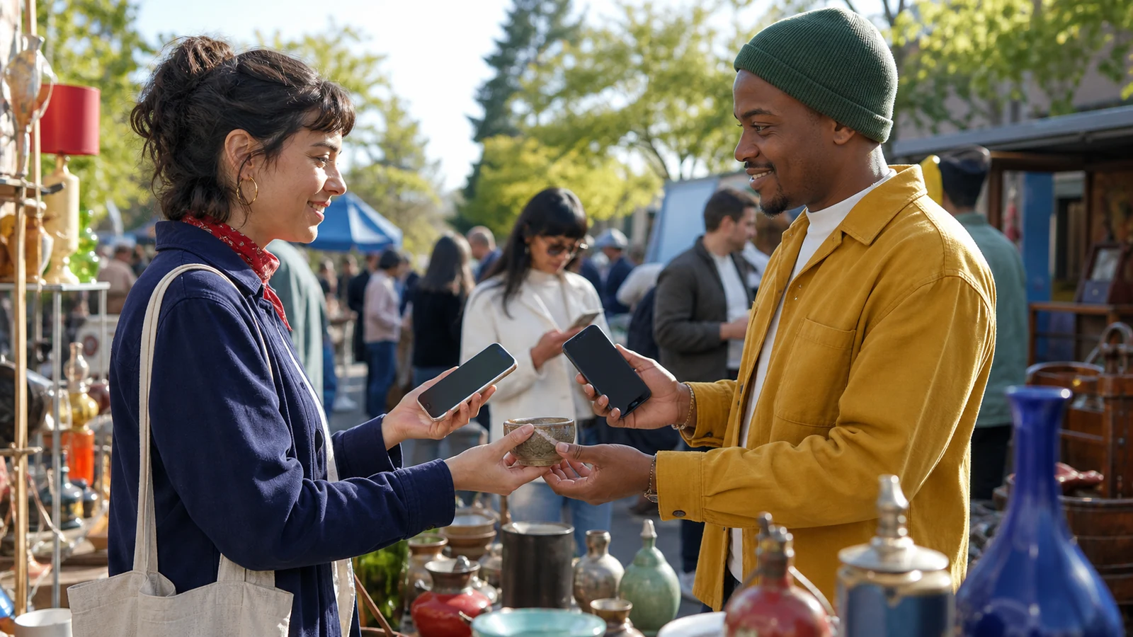 Collectors and sellers meeting around vintage objects with discreet mobile commerce.