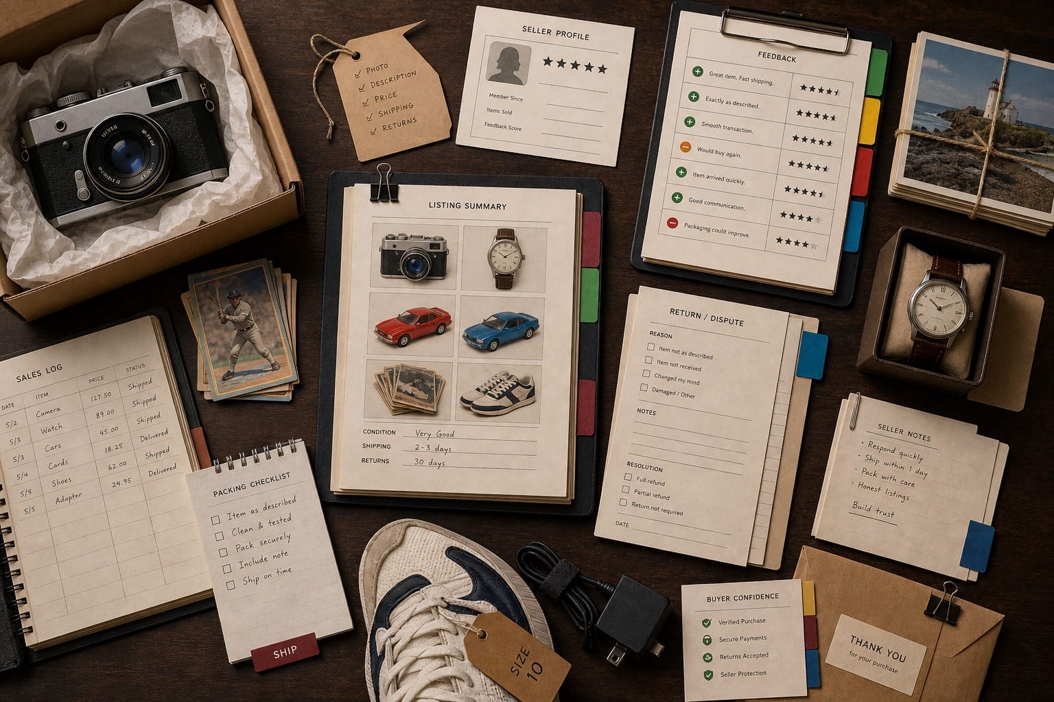 Premium editorial still-life of an eBay marketplace trust case with unbranded secondhand products, listing sheets, seller profile cards, feedback ledgers, packing notes, return forms, and parcel evidence