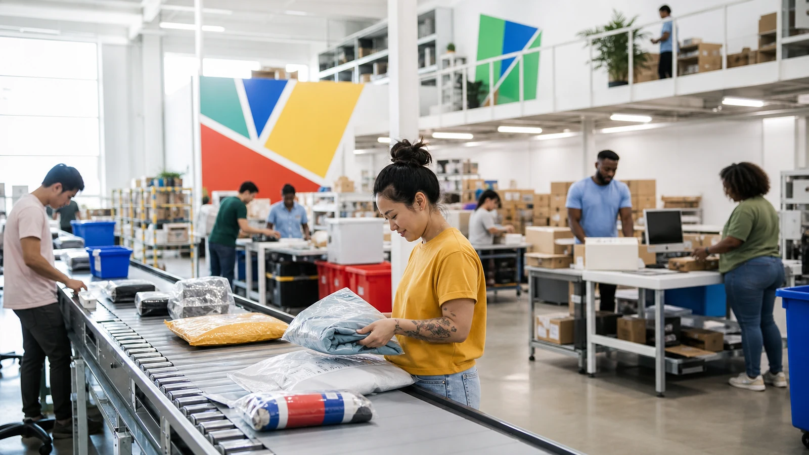 A recommerce fulfillment team sorting individually packed secondhand goods.
