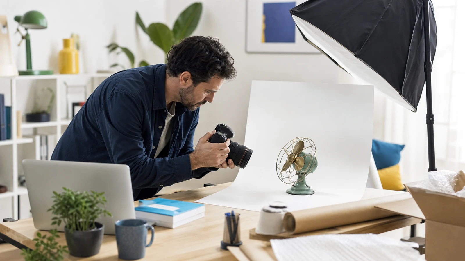 An independent seller photographing a vintage object in a bright home studio.