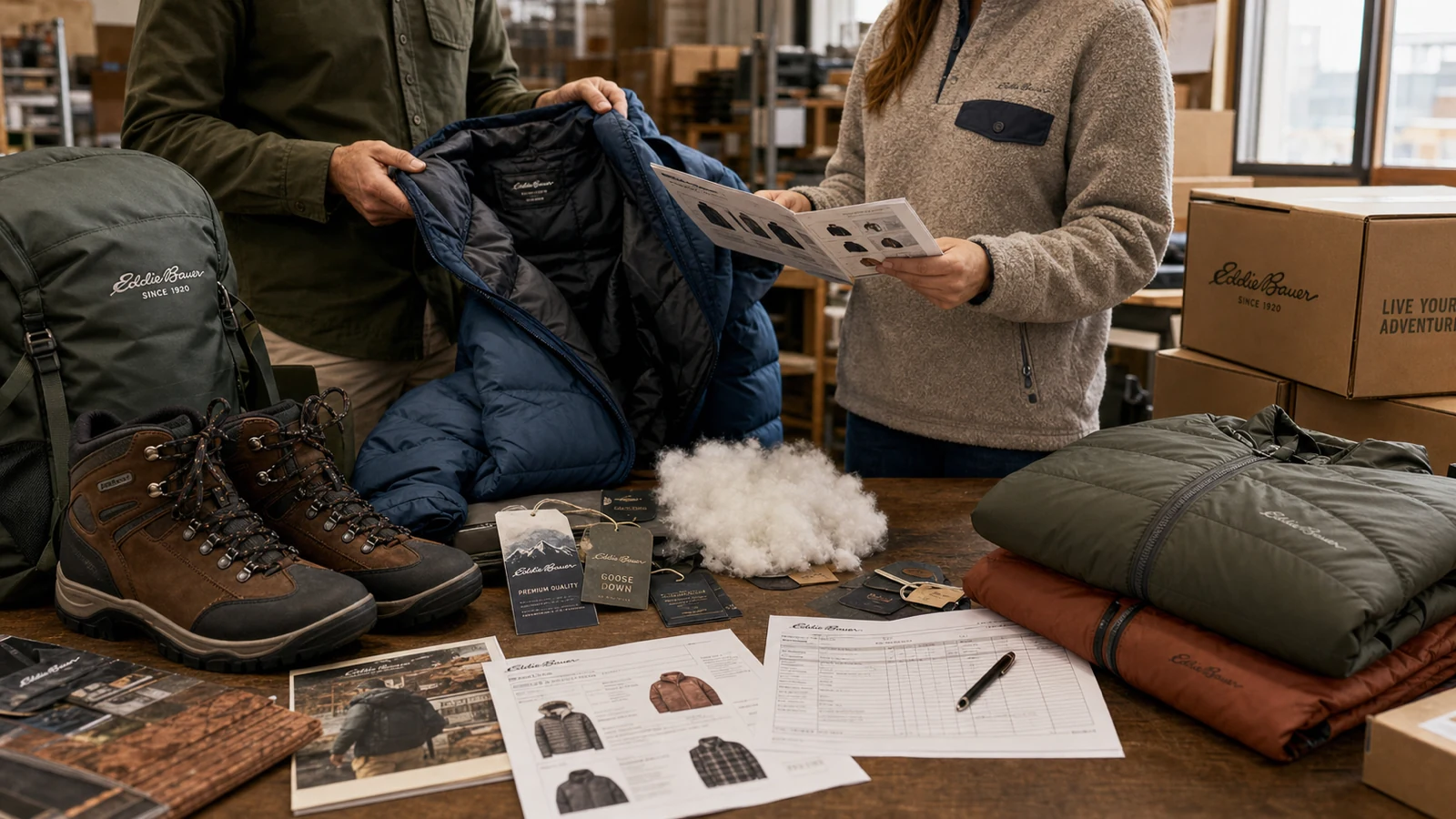 A premium Eddie Bauer product-development and fulfillment table with down jackets, boots, packs, hangtags, order sheets, and warehouse boxes.