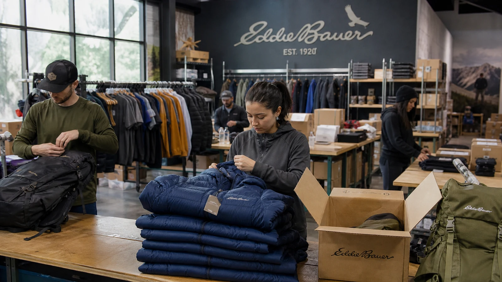 A premium Eddie Bauer channel scene with staff packing down jackets, packs, hangtags, and official signature cues inside a clean fulfillment space.