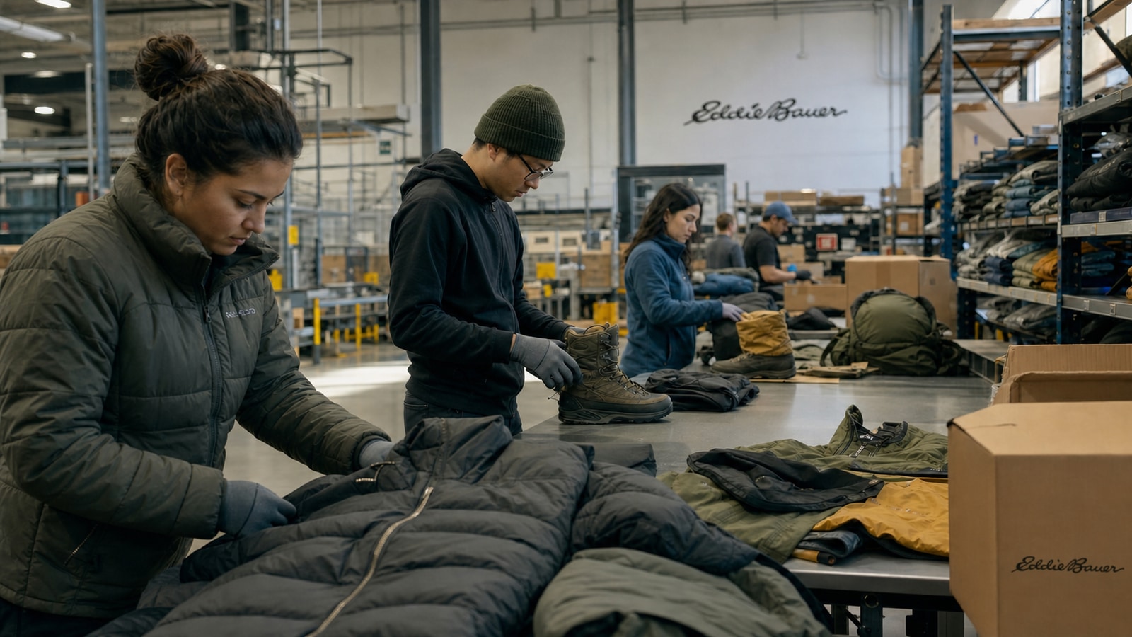 A current ecommerce fulfillment team checking Eddie Bauer jackets, footwear, and packs beside official signature branding.