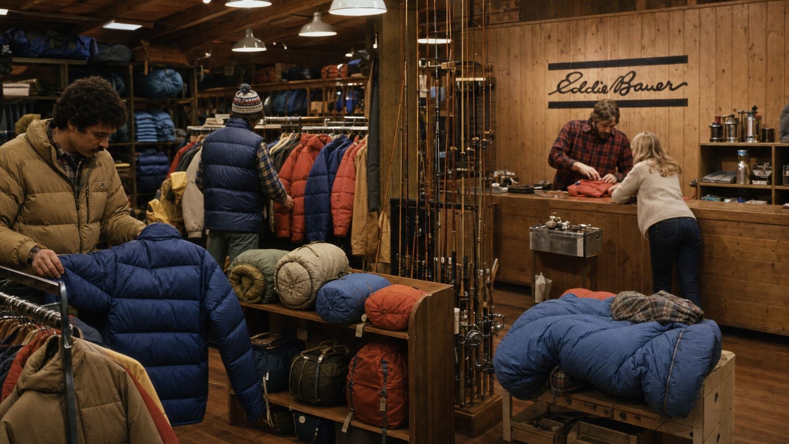 A clearly historical early-1980s Eddie Bauer outfitter with signature sign, down jackets, sleeping bags, and fishing gear.