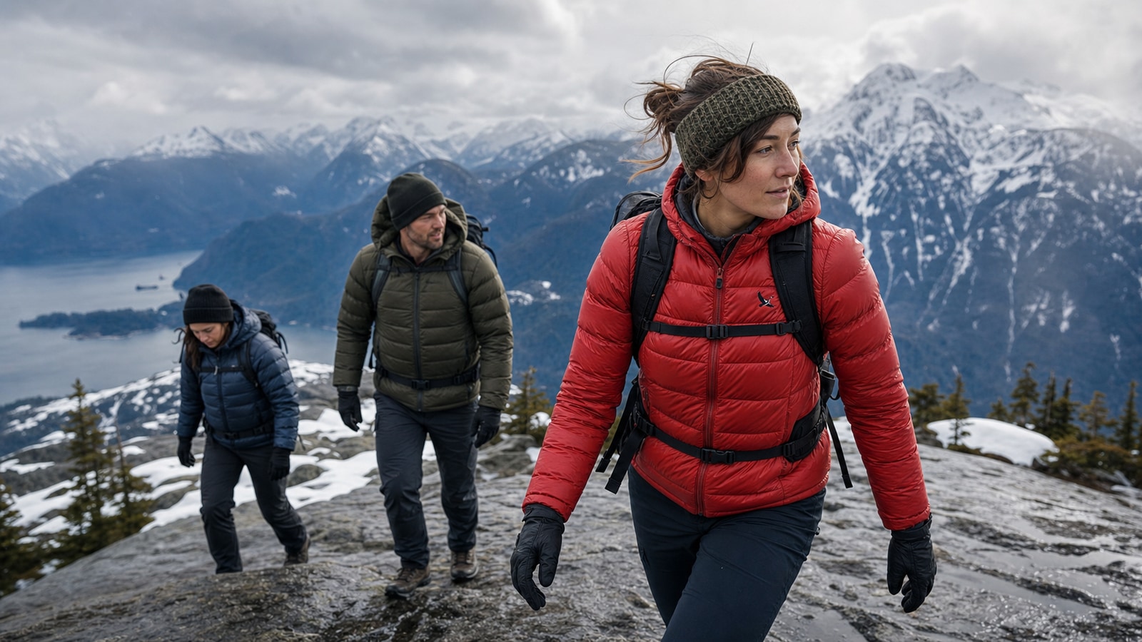 Three hikers testing insulated jackets and packs in a cold Pacific Northwest alpine setting.