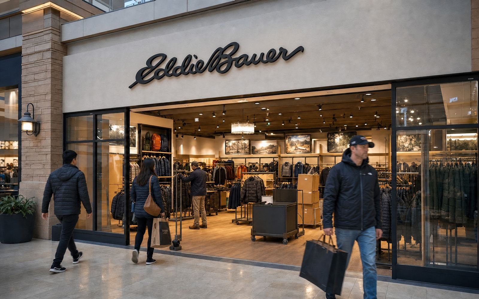 A North American Eddie Bauer store in orderly wind-down with the current signature storefront mark, customers, consolidated racks, and packing boxes.