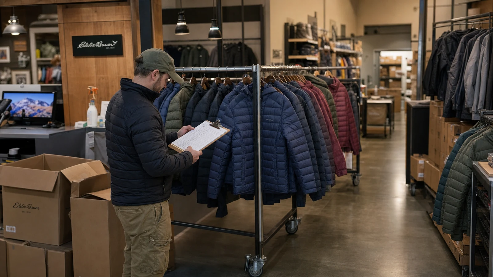 An Eddie Bauer store sale-process scene with boxed inventory, down jackets, fixture lists, and staff reviewing closing documents under the store sign.