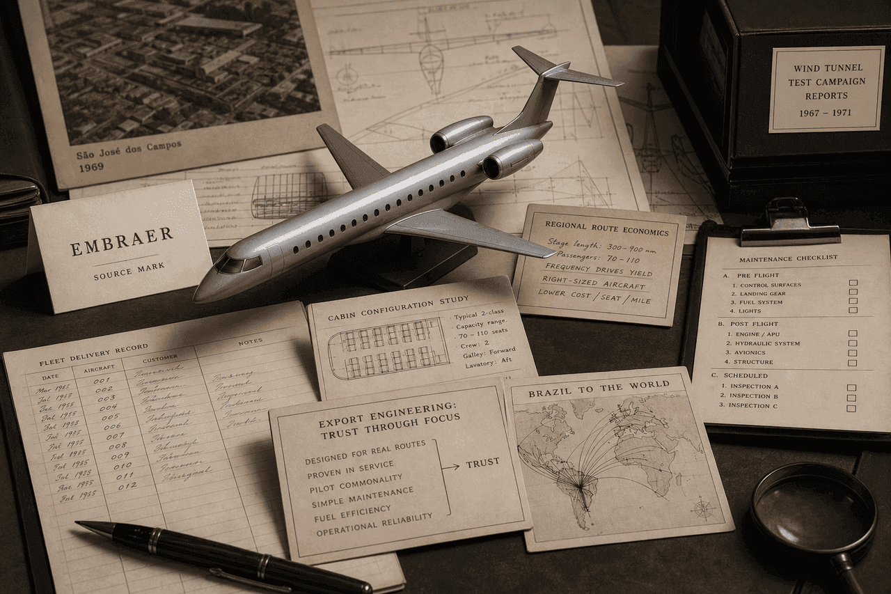 Premium editorial still-life of an Embraer regional jet engineering case with source-mark card, rights-safe aircraft model, Sao Jose dos Campos 1969 origin file, route economics card, cabin configuration study, delivery ledger, and maintenance checklist