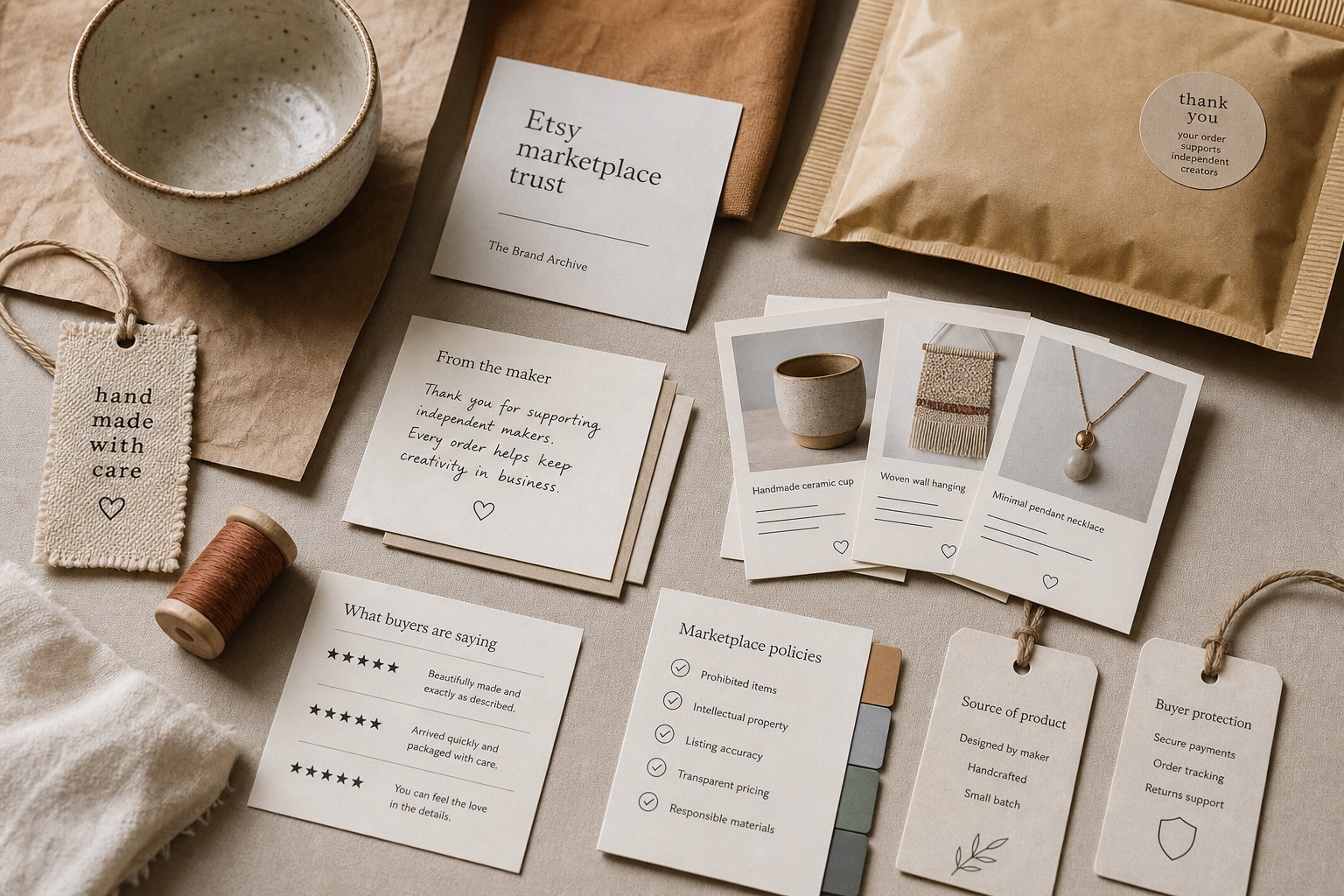 Premium editorial still-life of an Etsy marketplace trust case with handmade ceramic object, source-of-product tags, seller note, listing cards, review card, policy checklist, and shipping mailer