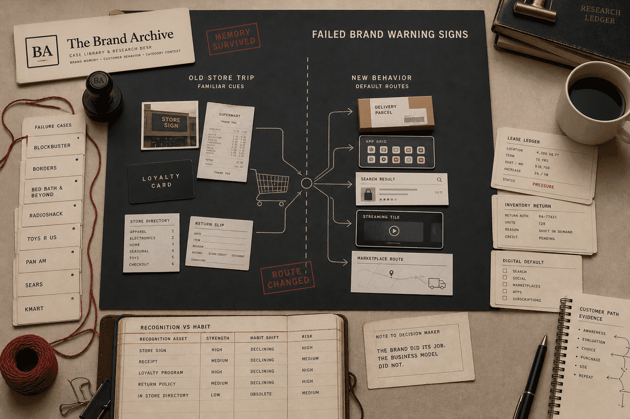 Failed brand warning signs guide visual with habit shift, route loss, nostalgia, and business-model warning cards.