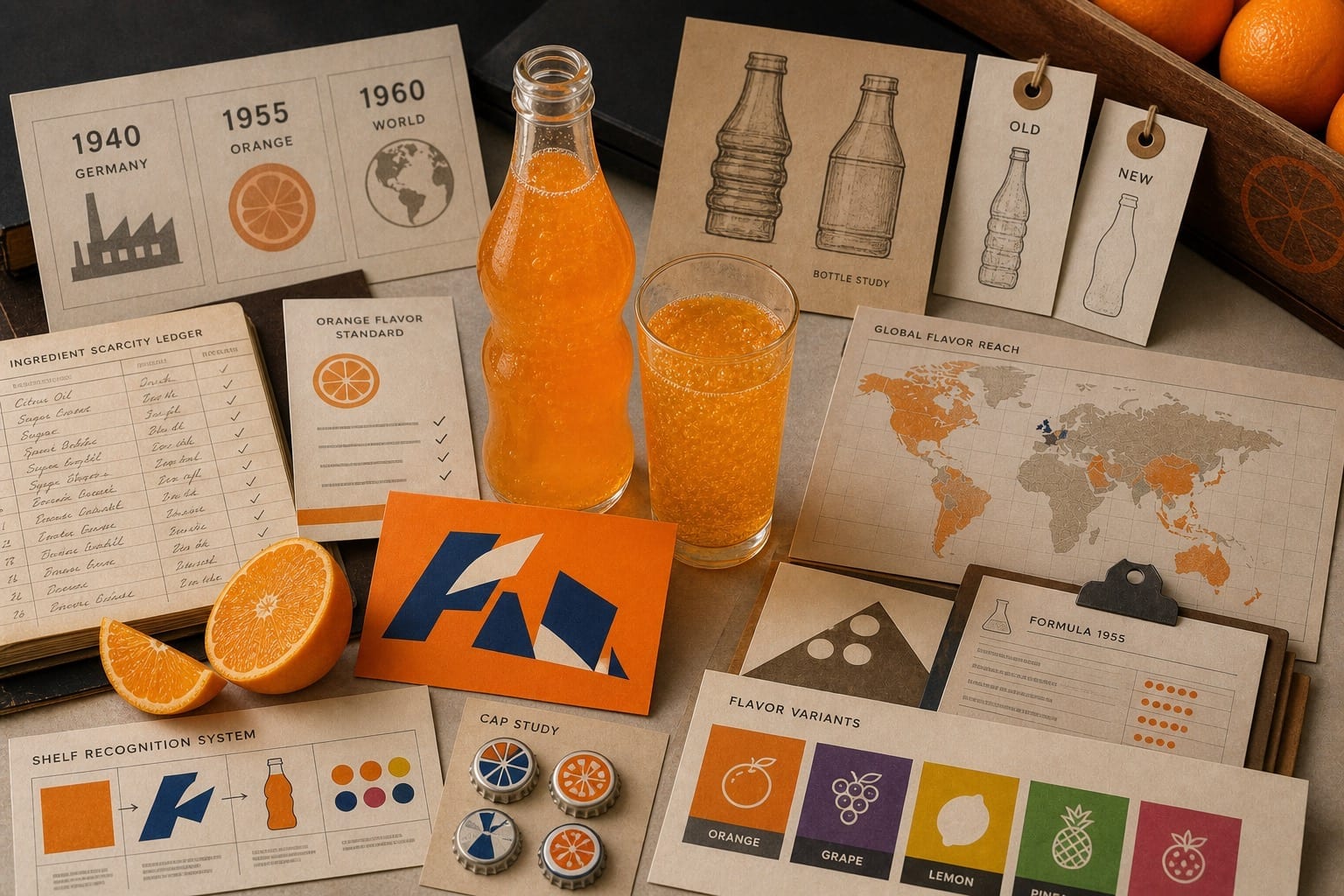 Premium editorial still-life of a Fanta orange flavor variety case with an orange soda bottle, glass, orange slices, source-mark card, 1940 and 1955 cards, flavor swatches, bottle studies, and global flavor map
