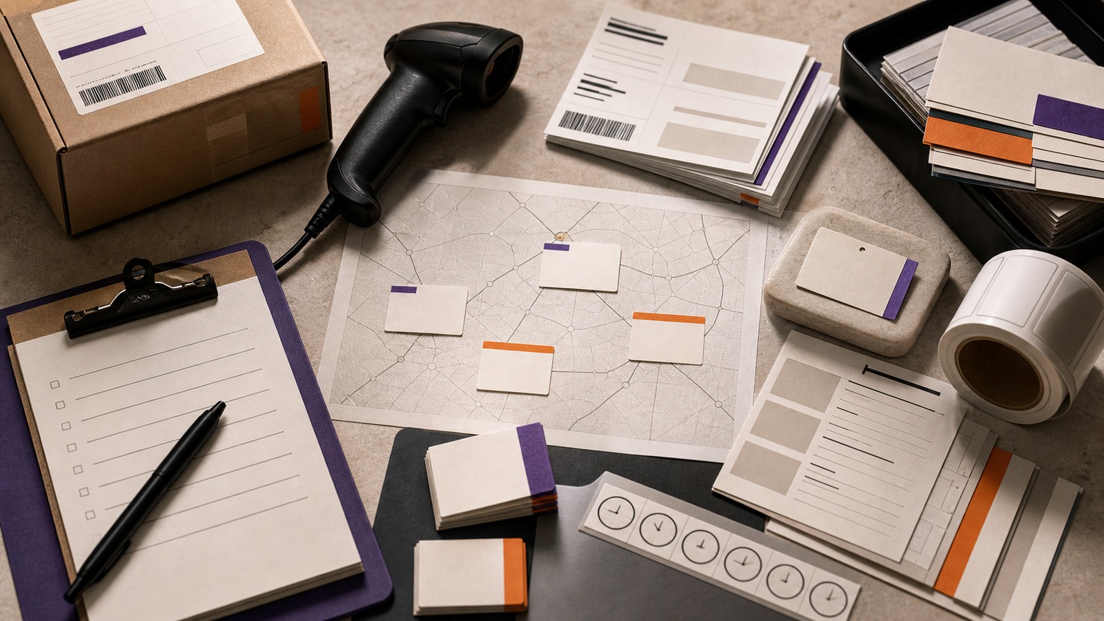 Photorealistic FedEx time-proof scene with parcel, scanner, route map, blank labels, service cards, purple and orange tabs, and operational paperwork.
