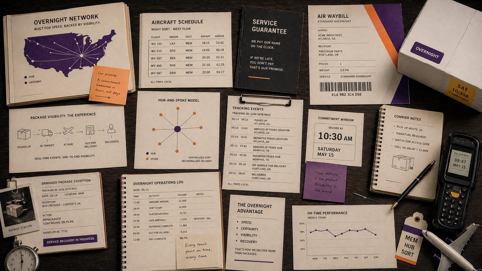 Premium editorial still-life of an overnight logistics Brand Signal Card with route maps, tracking logs, air waybills, service guarantee cards, and time-definite delivery notes