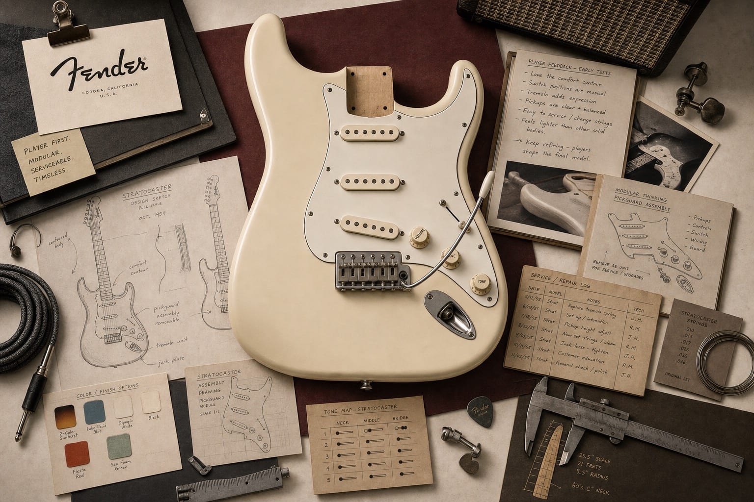 Premium editorial still-life of a Fender Stratocaster modular guitar case with a Fender source-mark card, central Stratocaster-inspired guitar body, pickguard assembly, pickups, tremolo bridge, cable, amp grille, strings, tone map, service ledger, player feedback notes, and color swatches