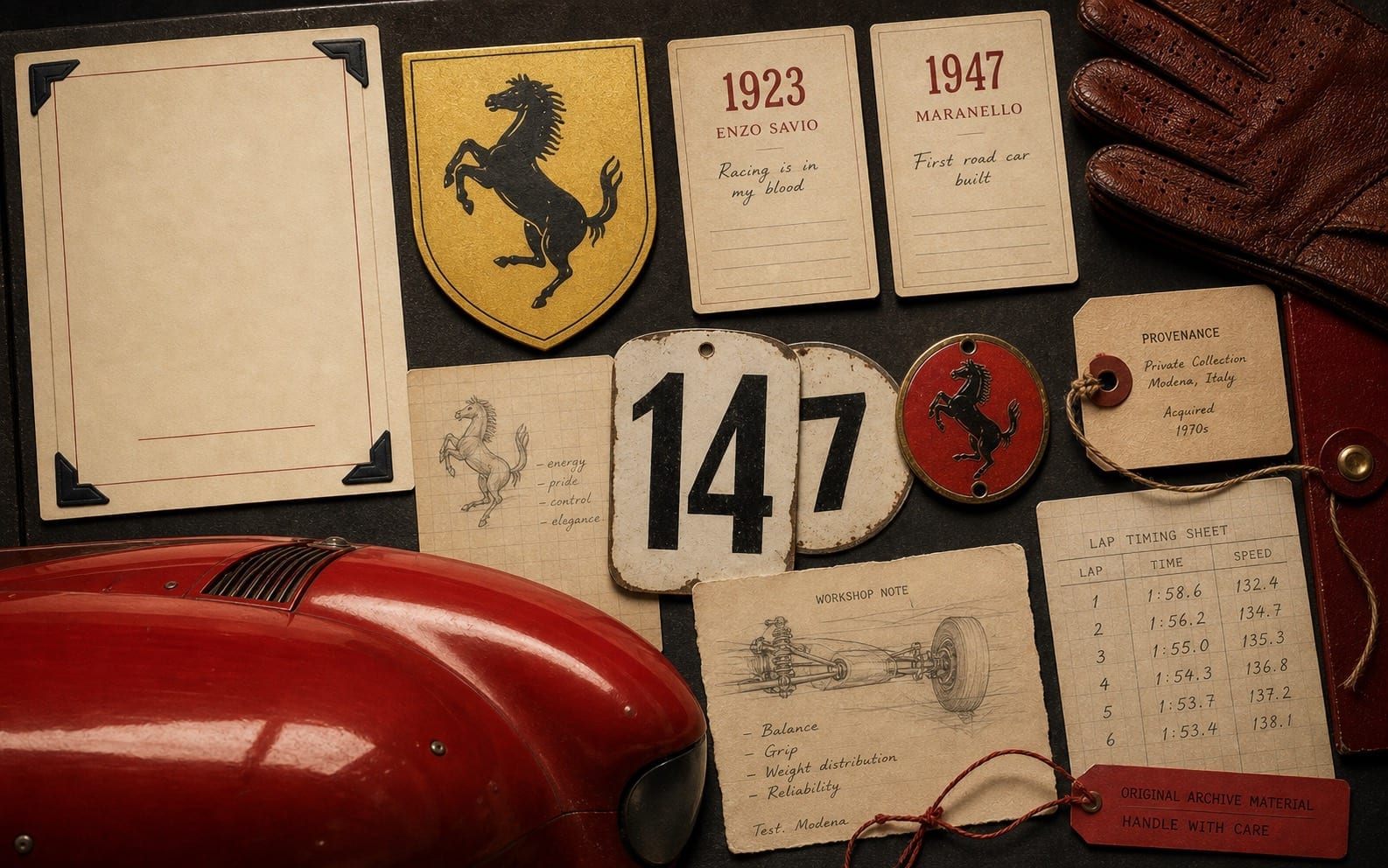 Premium editorial still-life of a Ferrari Prancing Horse racing-origin case with horse shield study, 1923 Savio card, 1947 Maranello card, racing number tags, red bodywork curve, glove, workshop note, and lap timing sheet