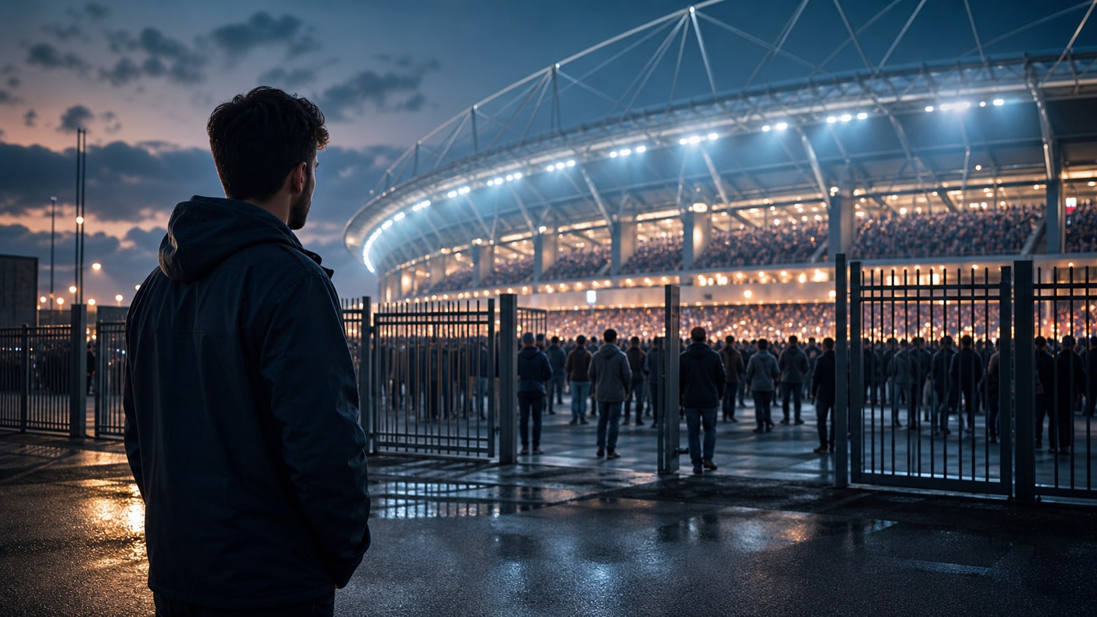 An adult football fan stands outside a stadium entry perimeter while a large crowd moves toward the illuminated venue inside.