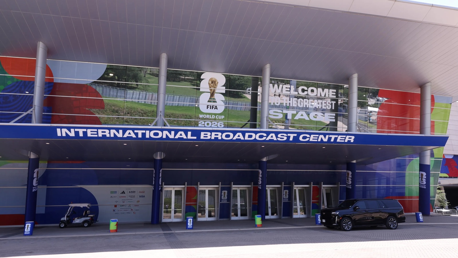 The FIFA World Cup 2026 International Broadcast Center covered in the tournament identity system.