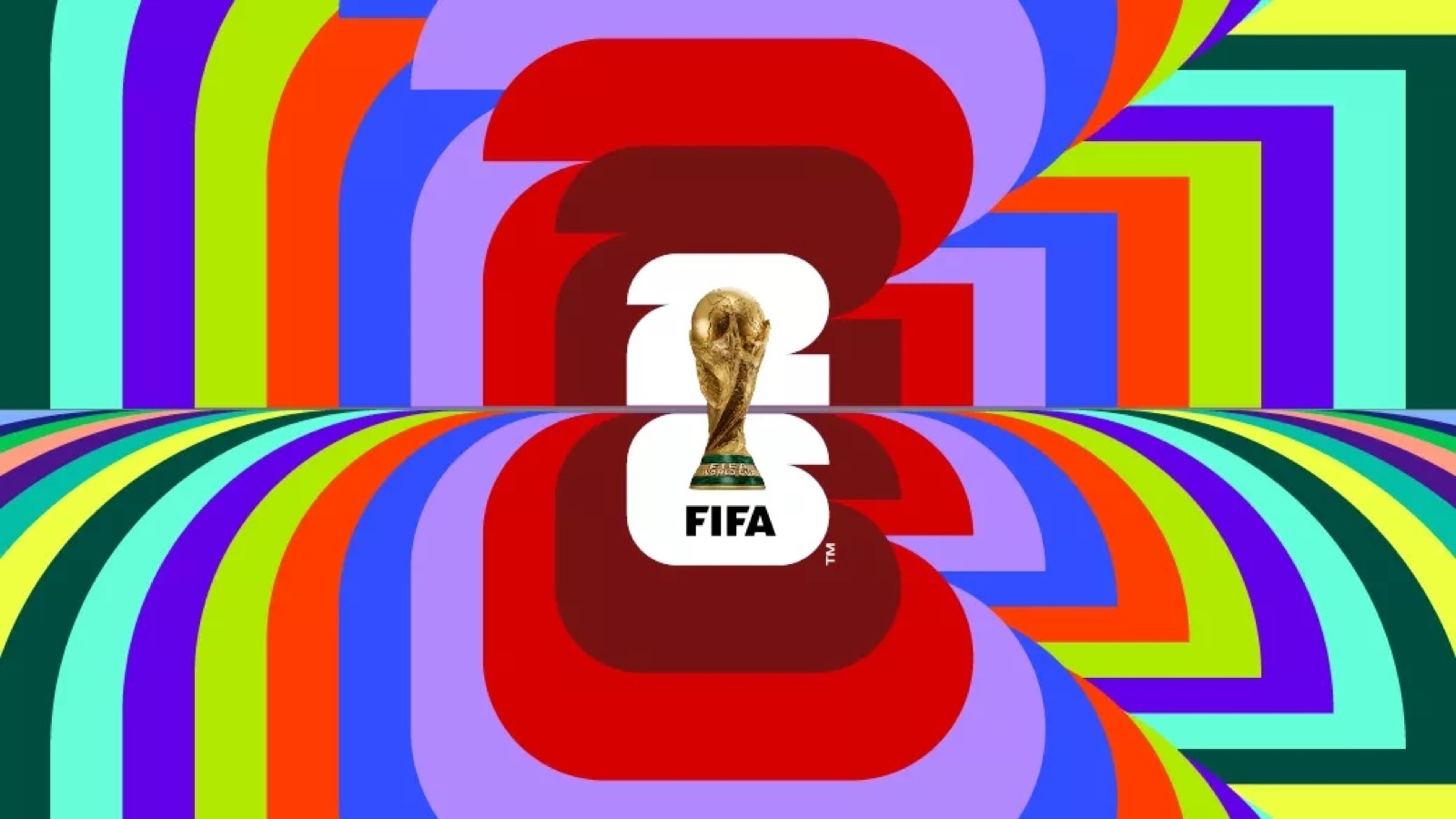 The official FIFA World Cup 2026 brand launch graphic with the Trophy integrated into the 26 emblem.
